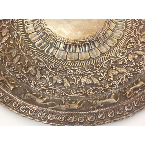 3076 - Burmese silver coloured metal tray embossed with birds of Paradise and wild animals amongst foliage,... 