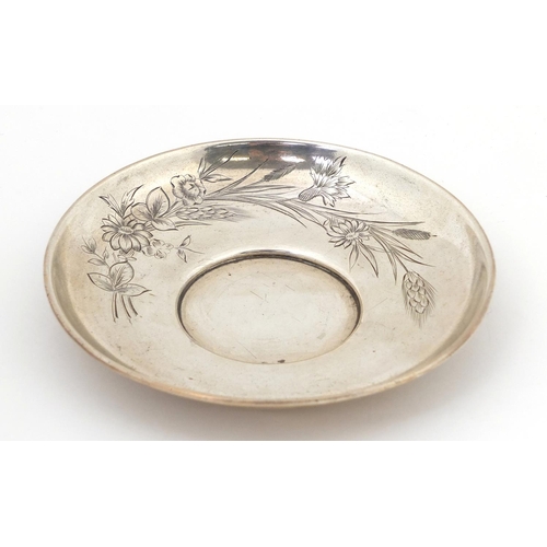 3071 - Russian circular silver dish engraved with flowers, impressed marks 84 BTC to the base, 11cm in diam... 