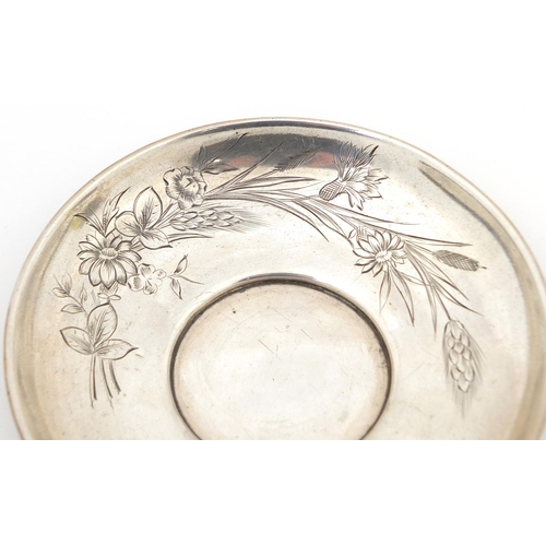 3071 - Russian circular silver dish engraved with flowers, impressed marks 84 BTC to the base, 11cm in diam... 