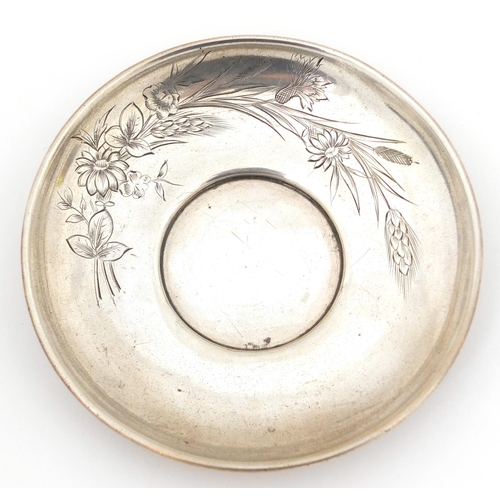 3071 - Russian circular silver dish engraved with flowers, impressed marks 84 BTC to the base, 11cm in diam... 