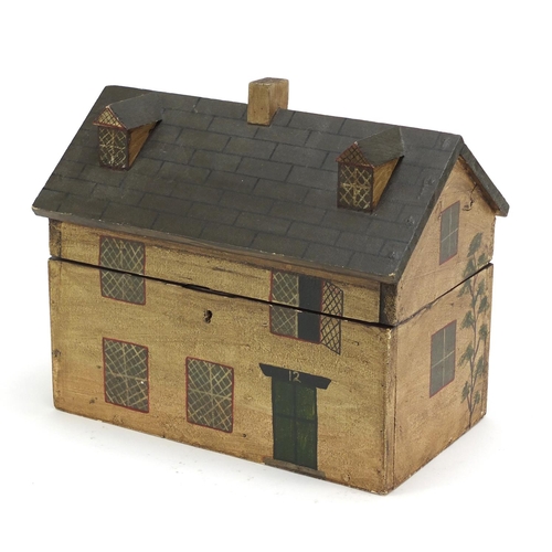 15 - Hand painted wood box in the form of a Georgian house, 22cm H x 26cm W x 16.5cm D