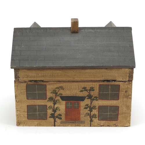 15 - Hand painted wood box in the form of a Georgian house, 22cm H x 26cm W x 16.5cm D
