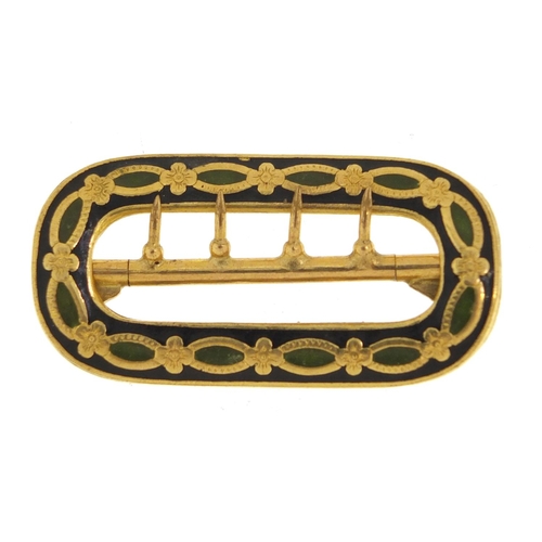 146 - Gold coloured metal and enamel buckle, impressed marks to the reverse, 4.9cm wide, 13.1g