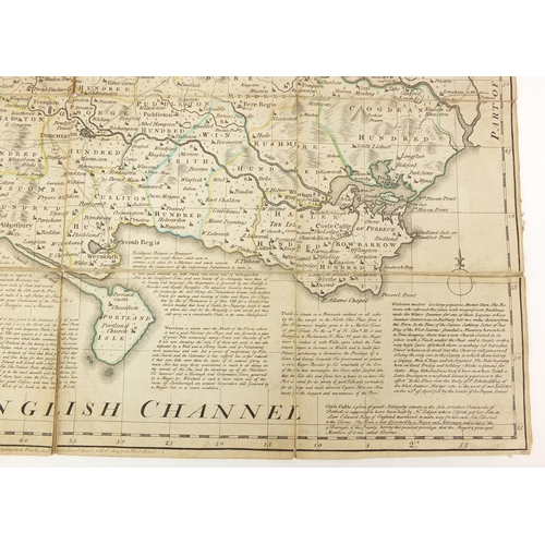 1266 - Emmanuel Bowen, 18th century Dorsetshire hand coloured folding map  with slip case, 70cm x 55.5cm