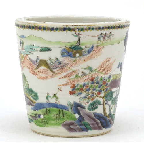 116 - Chinese porcelain planter hand painted in the famille verte palette with figures in boats and crossi... 