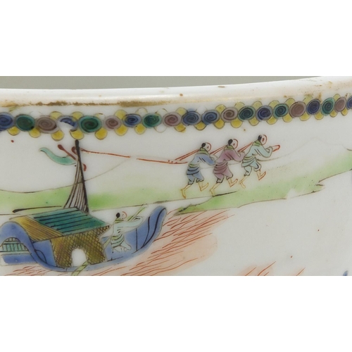 116 - Chinese porcelain planter hand painted in the famille verte palette with figures in boats and crossi... 