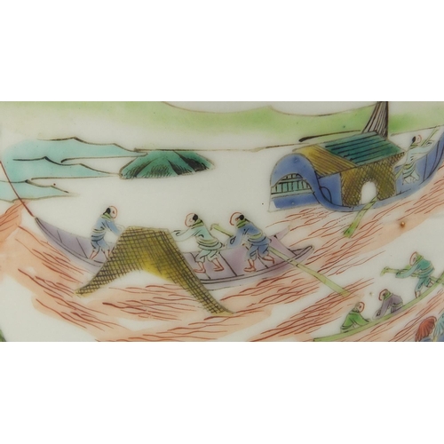 116 - Chinese porcelain planter hand painted in the famille verte palette with figures in boats and crossi... 