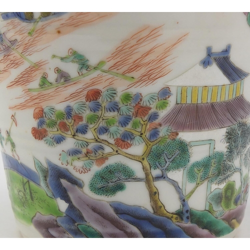 116 - Chinese porcelain planter hand painted in the famille verte palette with figures in boats and crossi... 