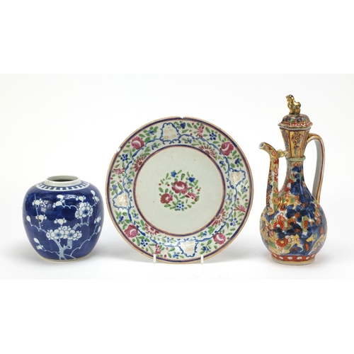 463 - Chinese porcelain comprising a clobbered lidded ewer, famille rose plate and prunus ginger jar, the ... 