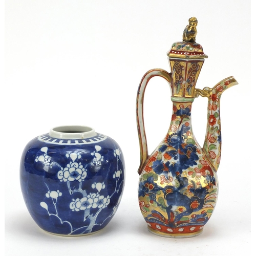 463 - Chinese porcelain comprising a clobbered lidded ewer, famille rose plate and prunus ginger jar, the ... 