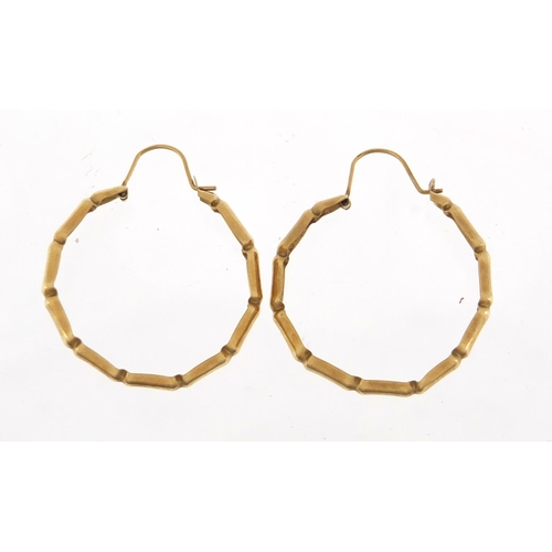 2336 - Pair of 9ct gold bamboo design hoop earrings, 2.6cm in diameter, 2.2g