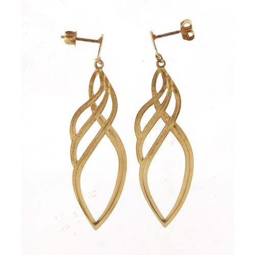 2361 - Pair of 9ct gold drop earrings, 4.2cm high, 0.8g