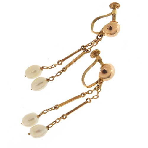 2343 - Pair of unmarked gold pearl drop earrings with screw backs, 4.5cm high, 4.4g