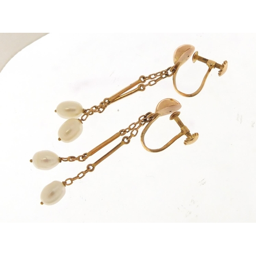 2343 - Pair of unmarked gold pearl drop earrings with screw backs, 4.5cm high, 4.4g