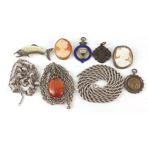 2377 - Vintage and later jewellery including silver necklaces, a silver Zealandia trout brooch, cameo brooc... 