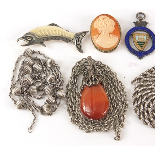 2377 - Vintage and later jewellery including silver necklaces, a silver Zealandia trout brooch, cameo brooc... 