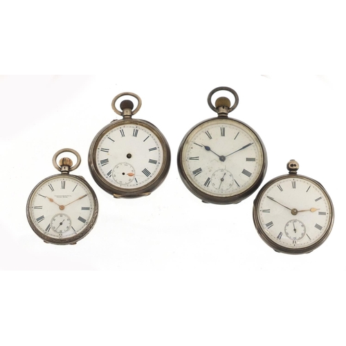 2392 - Four silver open face pocket watches including Camerer, Cuss & Co and one with a fusée movement, the... 