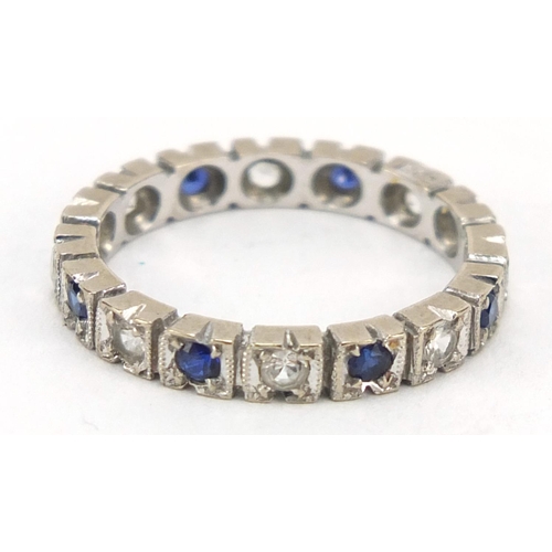 2380 - 18ct white gold blue and white sapphire eternity ring, size L, 2.5g