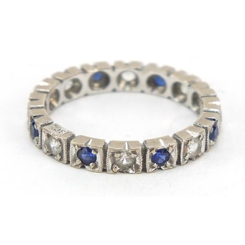 2380 - 18ct white gold blue and white sapphire eternity ring, size L, 2.5g