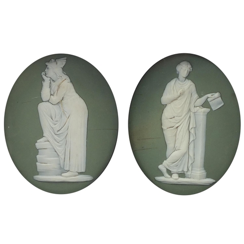 494 - Two 19th century Jasperware panels of classical figures, probably by Wedgwood, each housed in glazed... 