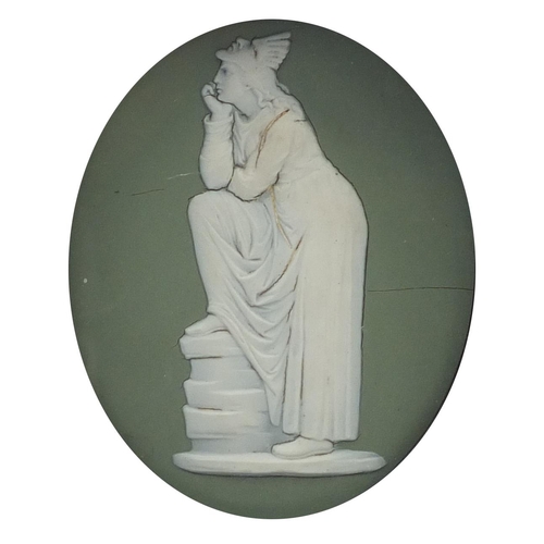 494 - Two 19th century Jasperware panels of classical figures, probably by Wedgwood, each housed in glazed... 