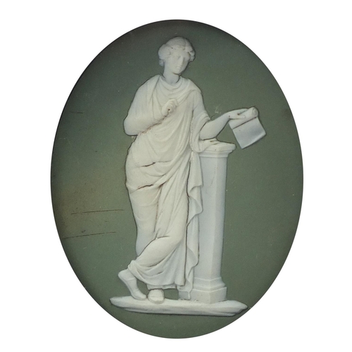 494 - Two 19th century Jasperware panels of classical figures, probably by Wedgwood, each housed in glazed... 