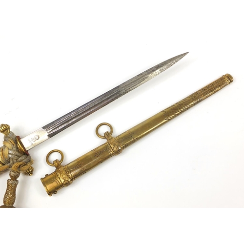 2127 - German military interest naval dagger by WCK with engraved steel blade and portepee, 42cm in length