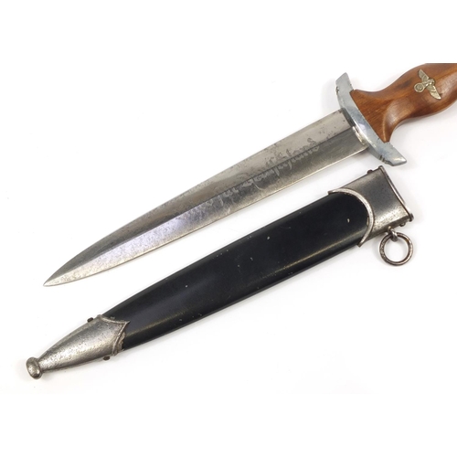 2130 - German military interest NSKK dagger by RZM with engraved steel blade and scabbard, 37.5cm in length