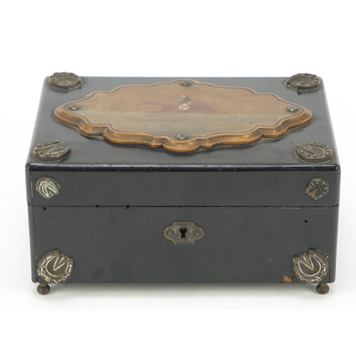 160 - 19th century equestrian interest ebonised casket with bronzed horse hoof mounts, hand painted with a... 