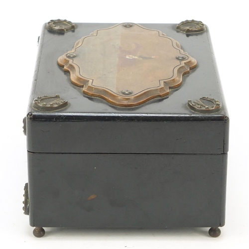 160 - 19th century equestrian interest ebonised casket with bronzed horse hoof mounts, hand painted with a... 