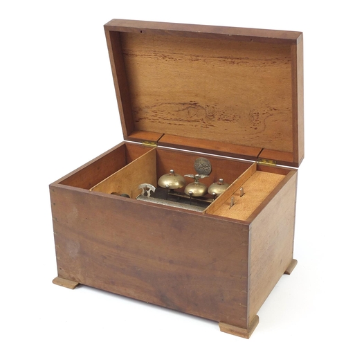 538 - Swiss Excelsior music box with 15.5cm cylinder and three bells, housed in a later oak case, the move... 