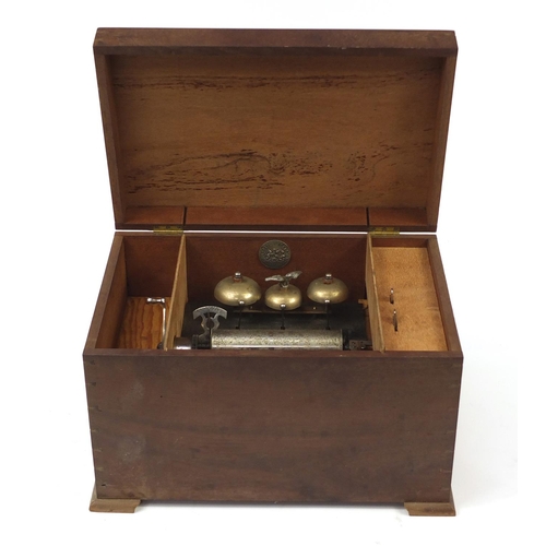 538 - Swiss Excelsior music box with 15.5cm cylinder and three bells, housed in a later oak case, the move... 