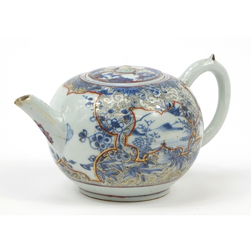 1156 - 18th Century Chinese porcelain teapot, hand painted with landscapes and flowers, 18cm in length