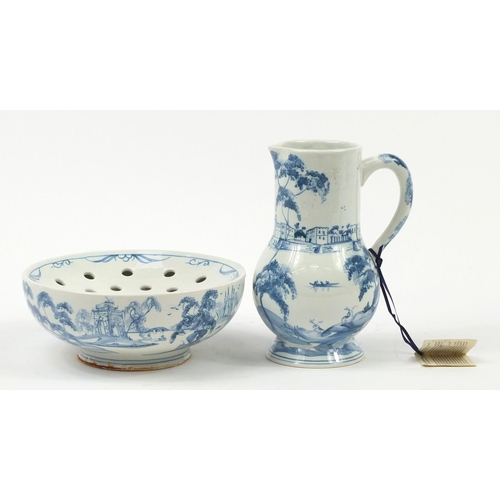 481 - Deborah Sears for Isis, Delftware pottery soap bowl and jug hand painted with Leeds Castle, the larg... 