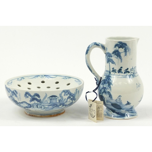 481 - Deborah Sears for Isis, Delftware pottery soap bowl and jug hand painted with Leeds Castle, the larg... 