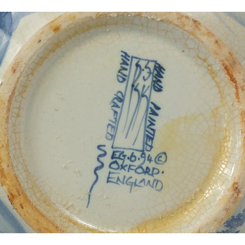 481 - Deborah Sears for Isis, Delftware pottery soap bowl and jug hand painted with Leeds Castle, the larg... 