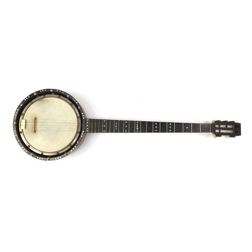 535 - Inlaid rosewood five string banjo with case, 87cm in length