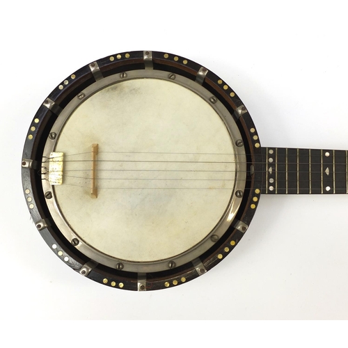 535 - Inlaid rosewood five string banjo with case, 87cm in length