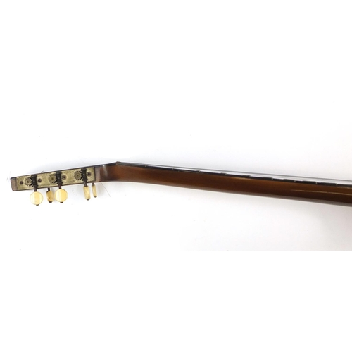 535 - Inlaid rosewood five string banjo with case, 87cm in length