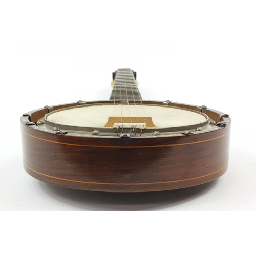 535 - Inlaid rosewood five string banjo with case, 87cm in length