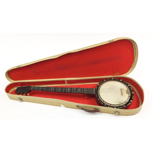 535 - Inlaid rosewood five string banjo with case, 87cm in length