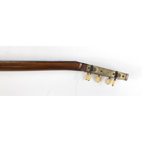 535 - Inlaid rosewood five string banjo with case, 87cm in length