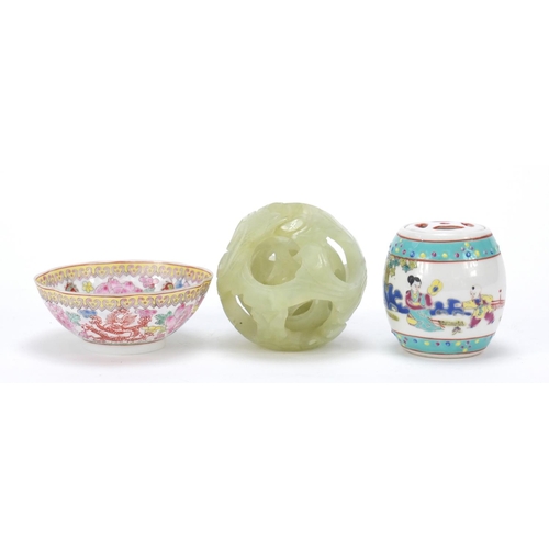 3781 - Chinese carved green hardstone puzzle ball, porcelain barrel and eggshell bowl, the largest 9cm in d... 