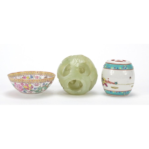 3781 - Chinese carved green hardstone puzzle ball, porcelain barrel and eggshell bowl, the largest 9cm in d... 