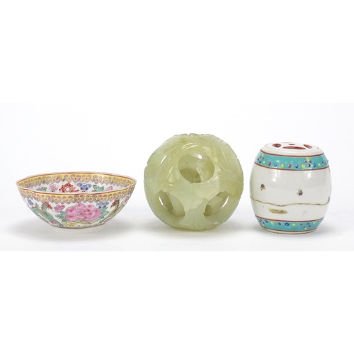 3781 - Chinese carved green hardstone puzzle ball, porcelain barrel and eggshell bowl, the largest 9cm in d... 