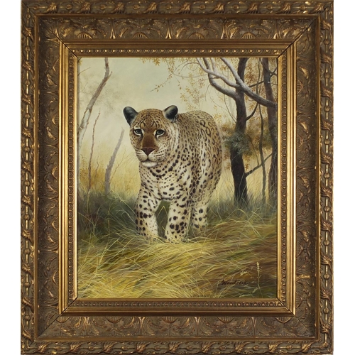 73 - Woodcock - Leopard in woodland, oil on canvas, framed, 61cm x 51cm excluding the frame