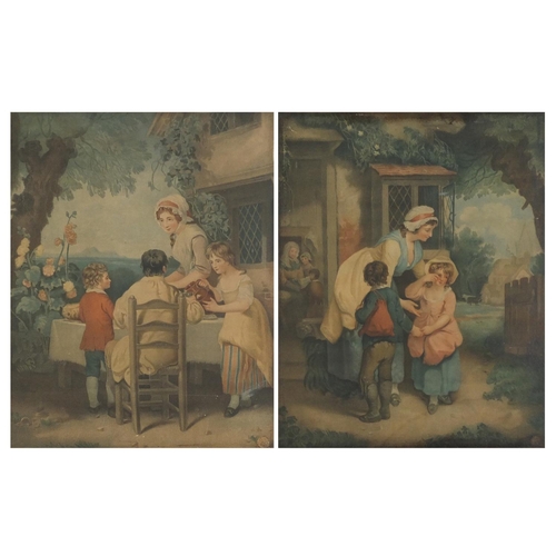 458 - Mother with children, pair of 19th century coloured engravings, mounted, framed and glazed, each 34.... 