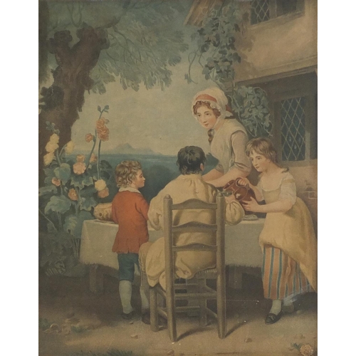 458 - Mother with children, pair of 19th century coloured engravings, mounted, framed and glazed, each 34.... 