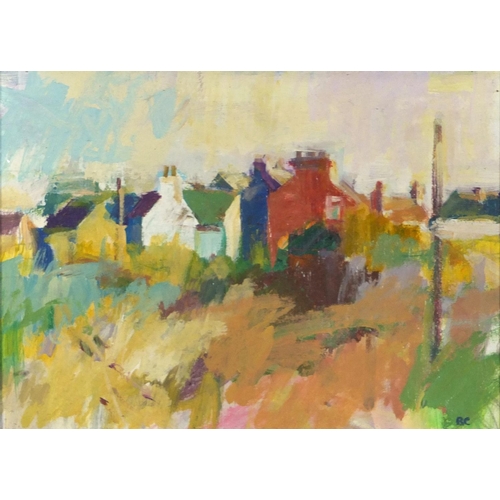 520 - Barry E Carter - Cottages at Swinefleet, acrylic on board, inscribed label verso, framed, 29cm x 21c... 