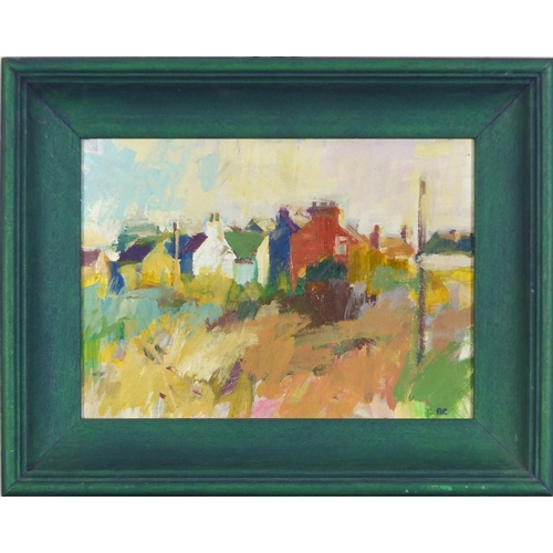 520 - Barry E Carter - Cottages at Swinefleet, acrylic on board, inscribed label verso, framed, 29cm x 21c... 